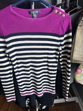 Lauren Ralph Lauren Striped Ribbed Sweater Size Small; Gold Buttons; Green Label